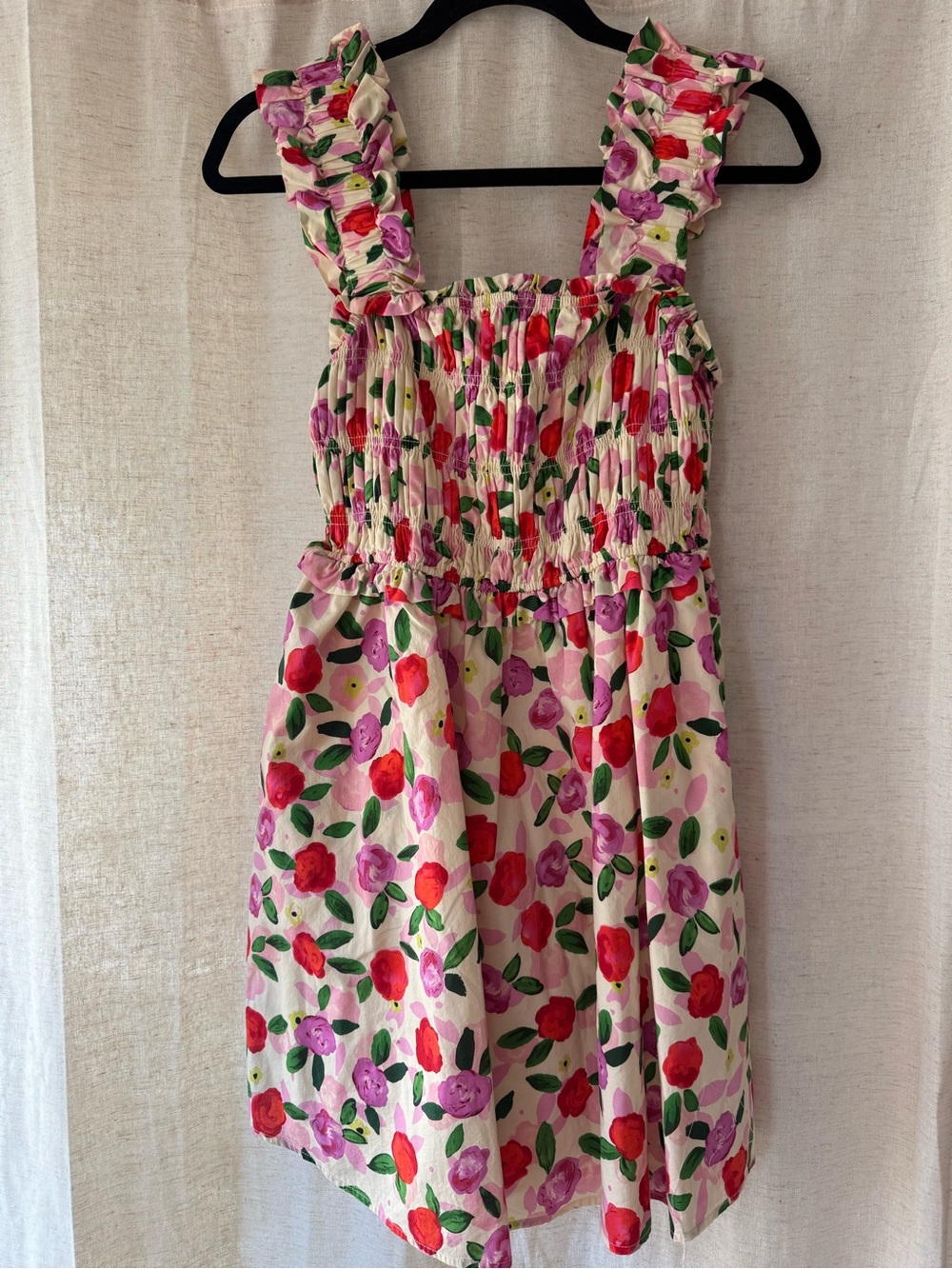 English Factory Pink Floral Smocked Mini Dress with Red & Purple Blooms